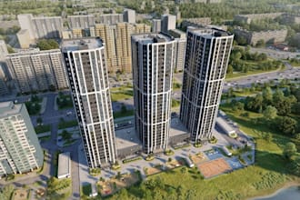 buildup high rise building, residential tower,urban landscape,aerial view render