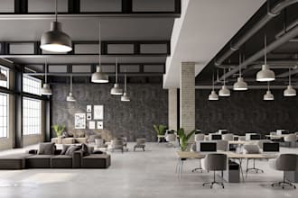 loft house interior scene, office space design, restaurant cgi render, cafe, bar