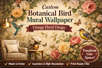 design a custom botanical bird mural wallpaper with vintage floral style