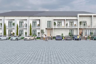 aesthetic 3d duplex hotel,motel exterior,facade carport,landscape render,cgi bar