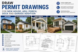 draw permit drawings for new house, adu, porch ,deck and garage addition