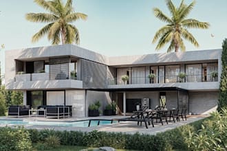 renovate 3d villa exterior,landscape rendering,pool,balcony design,furniture,cgi