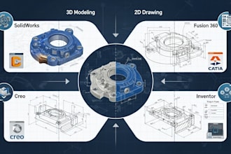 do 3d modeling and 2d drawing in solidworks, fusion 360, catia, creo, inventor