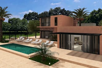 render3d house exterior,real estate,outdoor lounge,pool side,living area,balcony