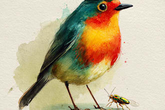 paint a bird, animal, insect illustration on watercolor