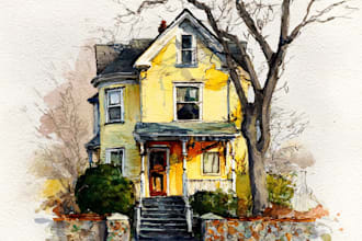 create a custom pen and watercolor house or building