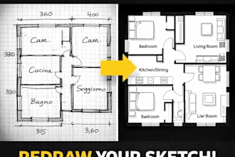 redraw your sketch into a professional 2d floor plan