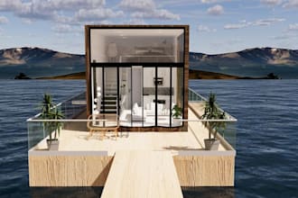 design floating vacation homes, modern tiny houseboats, 3d inner building render
