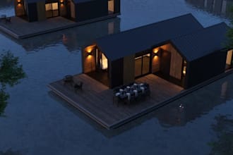 redesign floating house on water, internal house rendering, 3d modular exterior