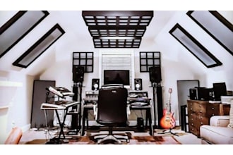 design music studio interior, recording studio, podcast studio 3d rendering