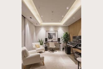 design a white themed 3d home music production studio virtual studio design