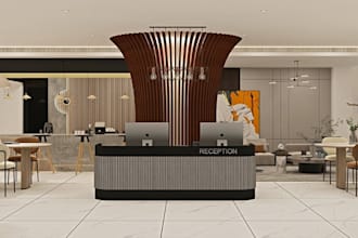 revamp 3d modern interior hotel reception, marble floor, pendant light rendering