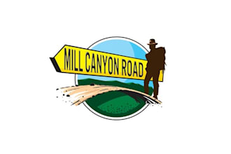 make adventure road sign logo with a traveler on foot