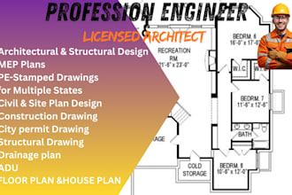 pe stamp, review draw architectural and mep plans for USA city permit approval