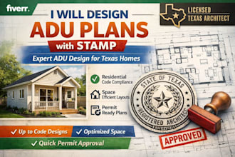 licensed architect adu architectural plans with stamp for texas approval