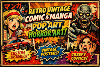 draw retro vintage comic illustration, manga, pop art poster, horror art