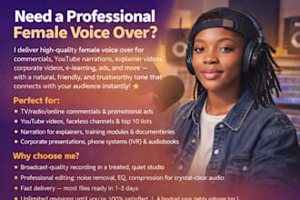 professional female voice over for commercials, narration and youtube