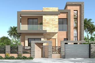 recraft 3d house exterior,concrete wall,garden  design,pool deck,balcony render