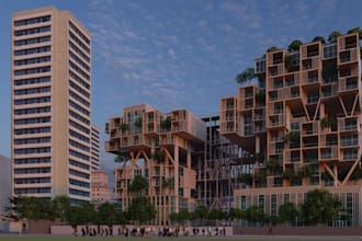 function mixed use building complex,garden elevation plan,modular facade design