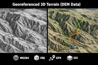 georeferenced 3d terrain maps from dem data with gpx routes gis, obj