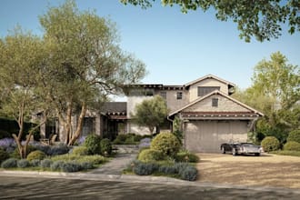 custom farmhouse exterior design,3d tiny house,open plan living,landscape render