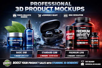 design 3d products mockup, products rendering, 3d modelling, packaging mockup