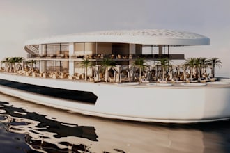 design floating beach club,3d transportation building, outdoor seating rendering