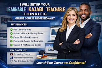 setup learnable kajabi online course, upload course, teachable, thinkific expert