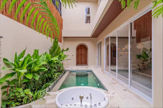 rearrange modern courtyard house, interior exterior design, private oasis render