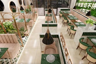cgi restaurant furniture, revit,3d ue building, interior design, cafe, foodcourt