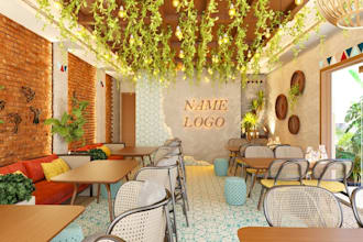 renew 3d bohemian restaurant,interior render,rustic cafe layout, furniture decor