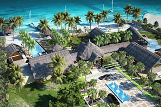 render resort masterplan, landscape design, site plan, hospitality exterior, cgi
