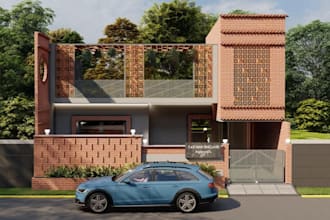 revamp 3d duplex exterior, brick wall facade, driveway design, balcony render