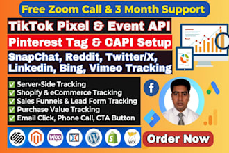 fix or setup tiktok pixel, pinterest tag, snapchat pixel, reddit pixel tracking