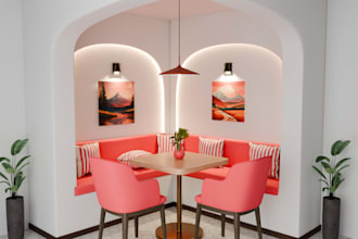 create 3d interior visualization for restaurant, cafe and office