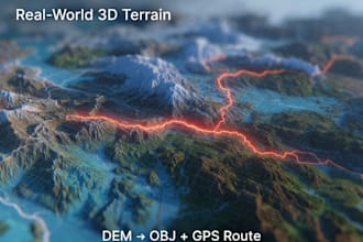 do 3d terrain modeling using dem data, gps, gpx route alignment, wgs84, obj