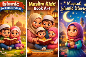 do hand drawn children book islamic book illustration, muslim kids book cover
