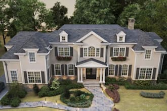 design luxury villa exterior in american style house, rooftop facade rendering