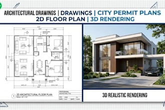 create architectural drawings, city permit plans, 2d floor plan and 3d rendering