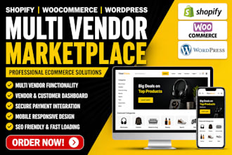 build shopify multivendor marketplace website, ecommerce woocommerce wordpress