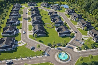develop residential estate aerial,gated community,master plan,driveway rendering