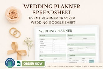 design a wedding planner spreadsheet, event tracker, or wedding google sheet