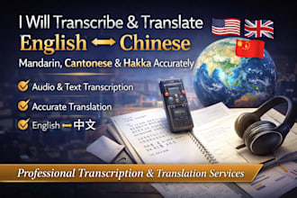 transcribe and translate english to chinese mandarin, cantonese, hakka accurate