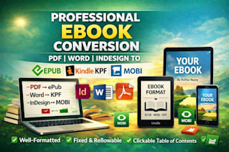 do ebook conversion from PDF, word, indesign into epub, kindle kpf, mobi