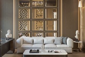 recreate 3d modern home office decor, workspace design, furniture layout render
