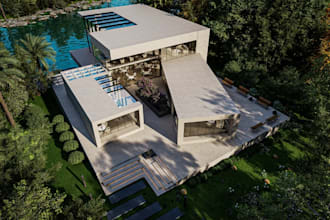 modern lakeside retreat building,layout living area, landscaped terraces render