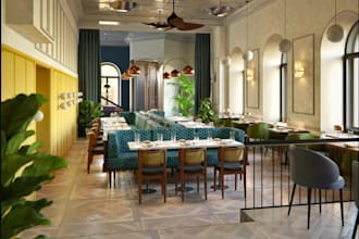 restyle 3d restaurant interior design, coffee shop, cgi staircase rendering