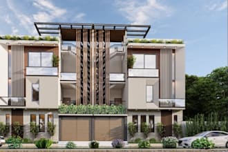 reform villa facade in sketchup, geometric house plan, external balcony, 360 vr