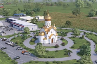 redesign christian worship space, 3d modern church design, render exterior park