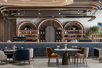 3d retail shop,commercial space rendering,cgi interior,kitchen bar design,booths